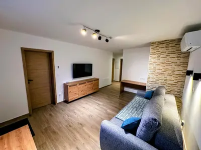 a living room with a couch and a flat screen tv at Apartma Oblak in Kranjska Gora