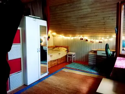 a small room with a bed and a desk at Wild Art Wooden house in Ig
