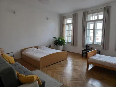 a living room with a bed and a couch at Rooms in Maribor Centre in Maribor