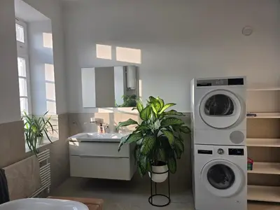 a bathroom with a washing machine and a sink at Rooms in Maribor Centre in Maribor