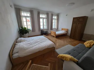 a bedroom with a large bed and a couch at Rooms in Maribor Centre in Maribor