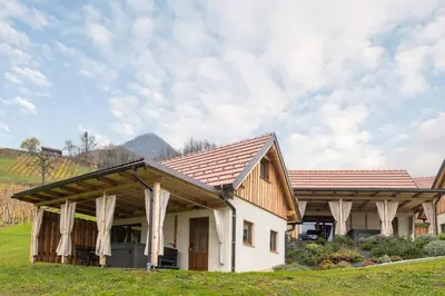 a house with a covered porch with curtains at Glamping Podgoro - Rogatec in Rogatec