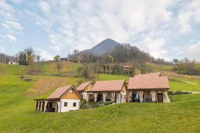 two houses in a field with a mountain in the background at Glamping Podgoro - Rogatec in Rogatec