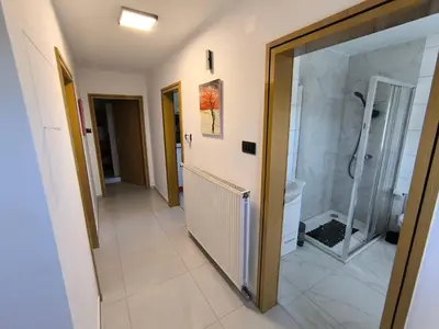 a bathroom with a walk in shower and a toilet at Apartma JO-MA Mala Nedelja pri Bioterme in Mala Nedelja