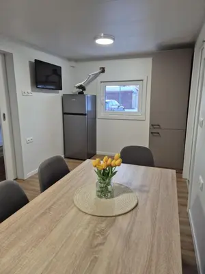 a conference room with a table with a vase of oranges at Hiška Moravska ravnica in Moravske Toplice