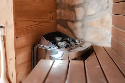 a metal stove in a wooden room with a stone wall at Vila Podigrac in Zgornja Kungota