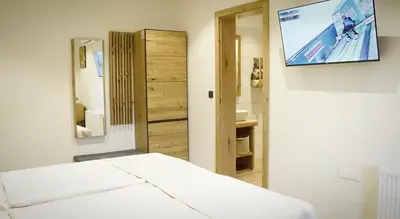a bedroom with a bed and a tv on the wall at Turistična kmetija in pivovarna Flajs in Žalec