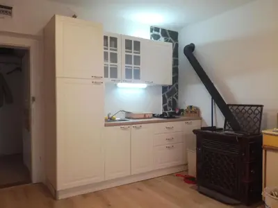 a kitchen with white cabinets and a sink at vintage paradise near Kranjska Gora in Mojstrana