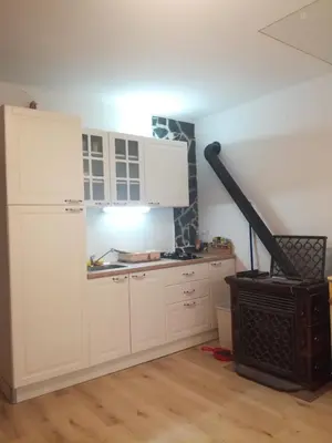 a kitchen with white cabinets and a stove at vintage paradise near Kranjska Gora in Mojstrana