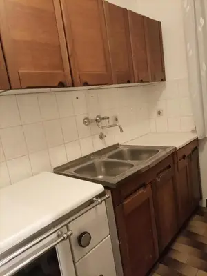 a kitchen with a sink and wooden cabinets at Apartma pri Ivanu in Spodnja Idrija