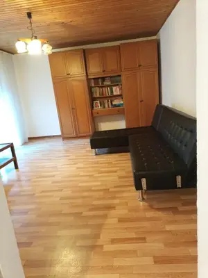 a living room with a couch and a book shelf at Apartma pri Ivanu in Spodnja Idrija