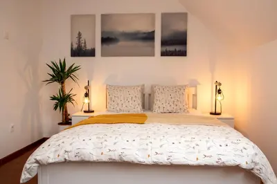 a bedroom with a bed with three pictures on the wall at Little Oasis Apartment in Zgornje Gorje