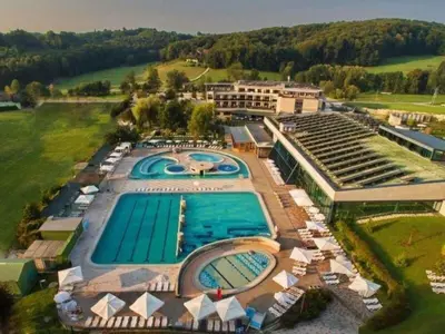 an aerial view of a resort with a swimming pool at Holiday Home Urlaub für die Seele - Ferienhaus mit Sauna by Interhome in Rucmanci