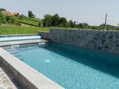 a swimming pool with a stone retaining wall at Apartment Natur- und Weinresort Lipej by Interhome in Bizeljsko