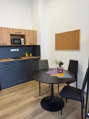 a kitchen with a table and chairs in a room at ARIA apartment in Maribor