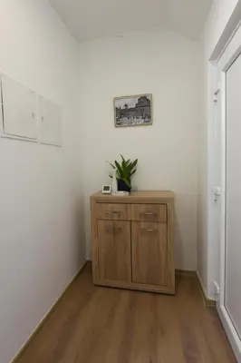 a room with a wooden cabinet with a plant on it at Quiet One-Bedroom Near City Center Free Parking in Ljubljana