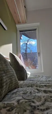 a bedroom with a window looking out at a tree at River2Mountain Cozy Apartment in Gozd Martuljek
