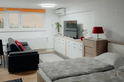 a bedroom with a bed and a tv and a chair at Apartment Berglez in Škofja Loka