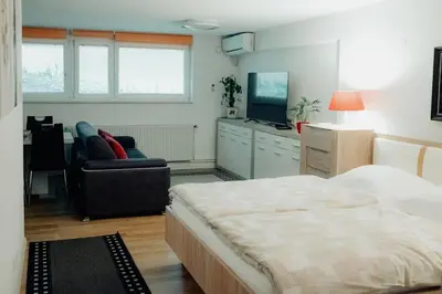 a bedroom with a bed and a chair and a television at Apartment Berglez in Škofja Loka