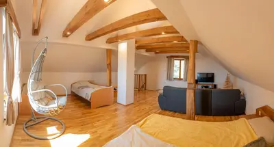 a living room with a bed and a couch at Vineyard cottage Mehak in Telče