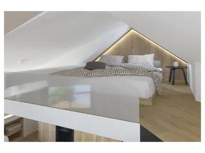 a bedroom with a bed with a glass table at Golf Apartments in Kranjska Gora