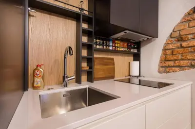 a kitchen with a sink and a counter top at Tivoli Double in Ljubljana