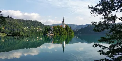 a church on an island in the middle of a lake at no avaliable in Bled