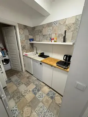a small kitchen with a sink and a counter at Hotel Europe in Ljubljana