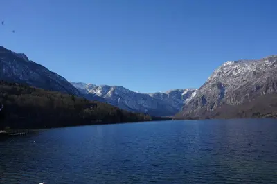a view of a lake with mountains in the background at Apartma jezero MIG in Bohinj