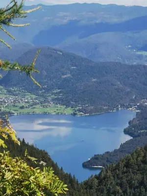 a view of a lake from a mountain at Apartma jezero MIG in Bohinj