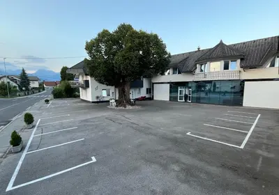 a parking lot in front of a building with a tree at Linden Tree in Rove