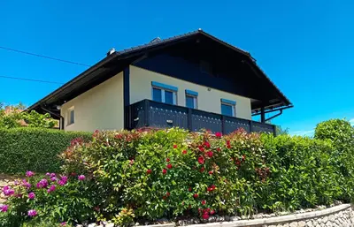 a house with a black roof and some flowers at Vineyard cottage Tilka in Novo Mesto