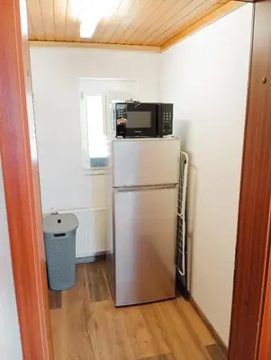 a kitchen with a refrigerator with a microwave on top of it at Vineyard cottage Tilka in Novo Mesto