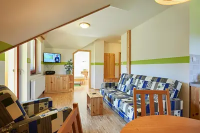 a living room with a couch and a tv at Farm Stay Gradišnik Peaceful Countryside with Homemade Breakfast in Prevalje