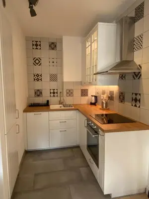 a white kitchen with white cabinets and a sink at Vila Marla in Hrušica