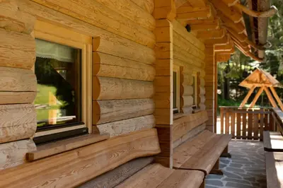 a log cabin with a window on a porch at Alpine Loghouse Planšarska bajta Matkov Kot in Solčava