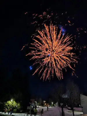a firework display in the sky at night at Cosy Rogla appartment 108 in Zreče