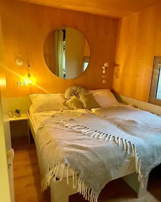 a bedroom with a bed with a mirror on the wall at VRBA Premium riverside mobile house BIG BERRY in Gradac