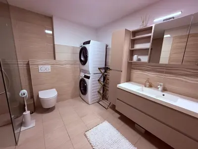 a bathroom with a sink and a washing machine at Villa Vita - GLORIA in Slovenj Gradec