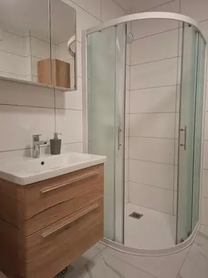 a bathroom with a sink and a shower at Cosy central apartment in Litija