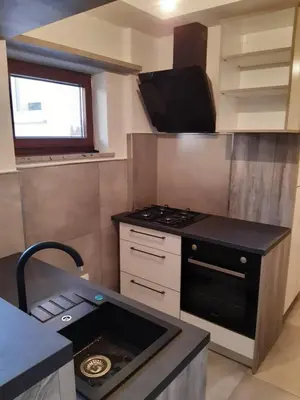 a small kitchen with a stove and a sink at Mark & Lana in Sežana