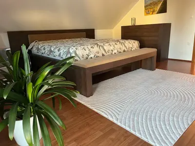 a bedroom with a bed and a potted plant at Eden Superior Family Apartment near Terme Paradiso with FREE pool tickets in Dobova