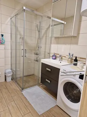 a bathroom with a shower and a washing machine at Apartment TINA in Kranjska Gora