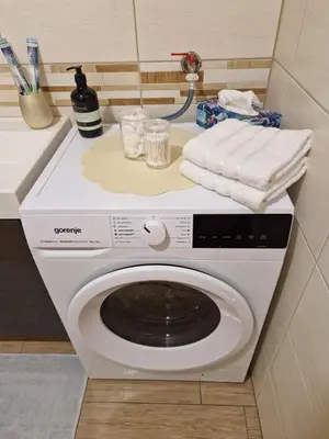 a white washing machine sitting on a counter in a bathroom at Apartment TINA in Kranjska Gora