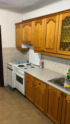 a kitchen with wooden cabinets and a stove and a sink at Apartments Vila Ančka in Tržič