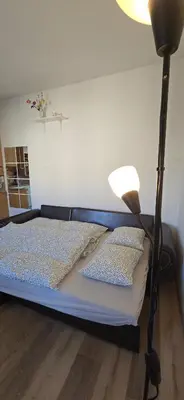 a bedroom with a bed with a floor lamp at Spacious & Calm Guesthouse in Ljubljana in Ljubljana
