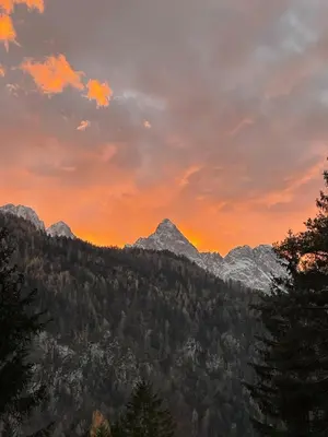 a sunset in the mountains with trees and mountains at Mountain View House - Panoramic! in Gozd Martuljek