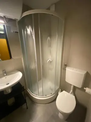 a bathroom with a shower and a toilet and a sink at Rogla Gaber Studio in Zreče