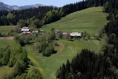 an aerial view of a house on a hill at Farmstay Hiša Pečovnik in Luče