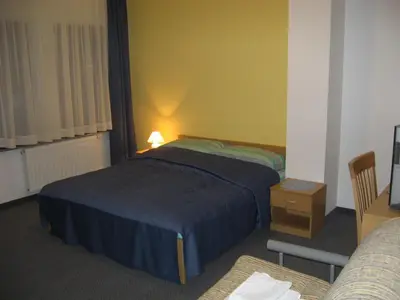 a hotel room with a bed and a chair at Motel Majolka in Ptuj